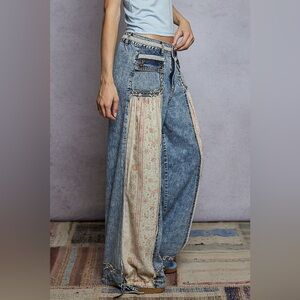 POL Blue and Cream Wide-Leg Pants